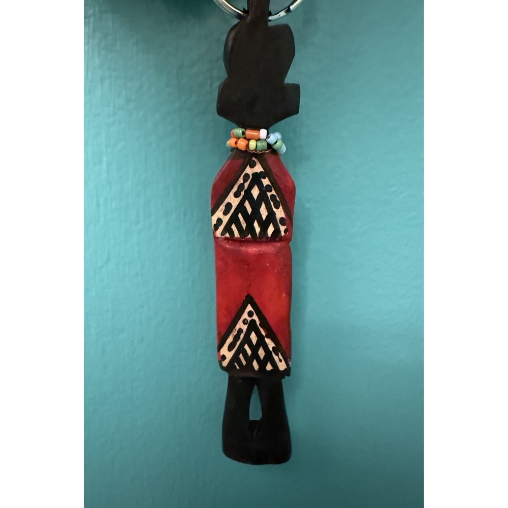 Hand Carved African Maasai Moran Warrior Wood Keychain Beaded Kenya Folk Art